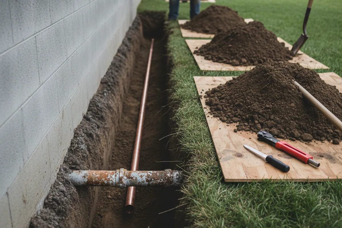 Excavated water line trench during Water Heater Repair in Five Points